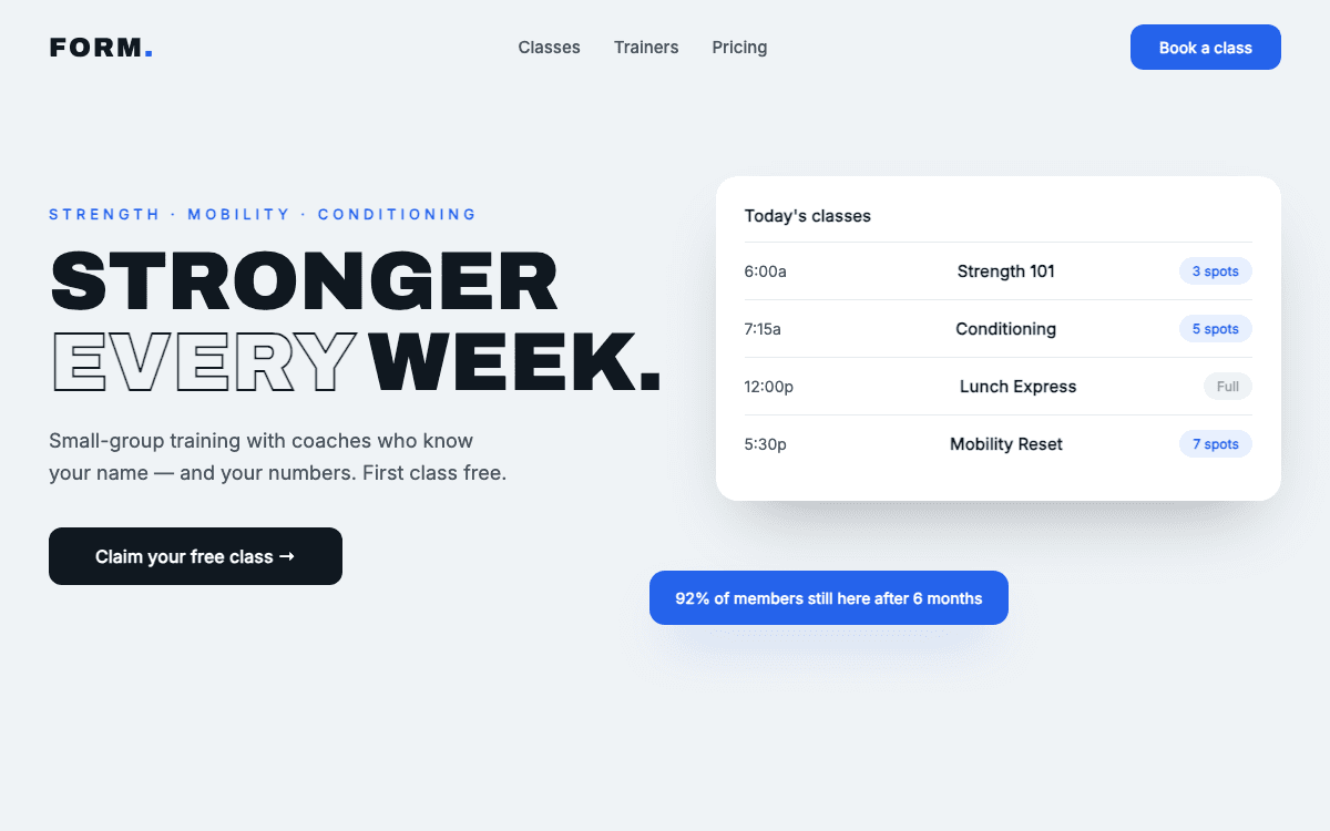 Studio concept — small-group fitness studio hero
