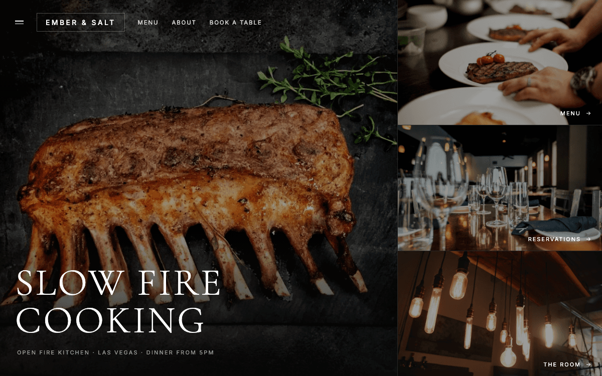 Studio concept — dark open-fire restaurant website hero